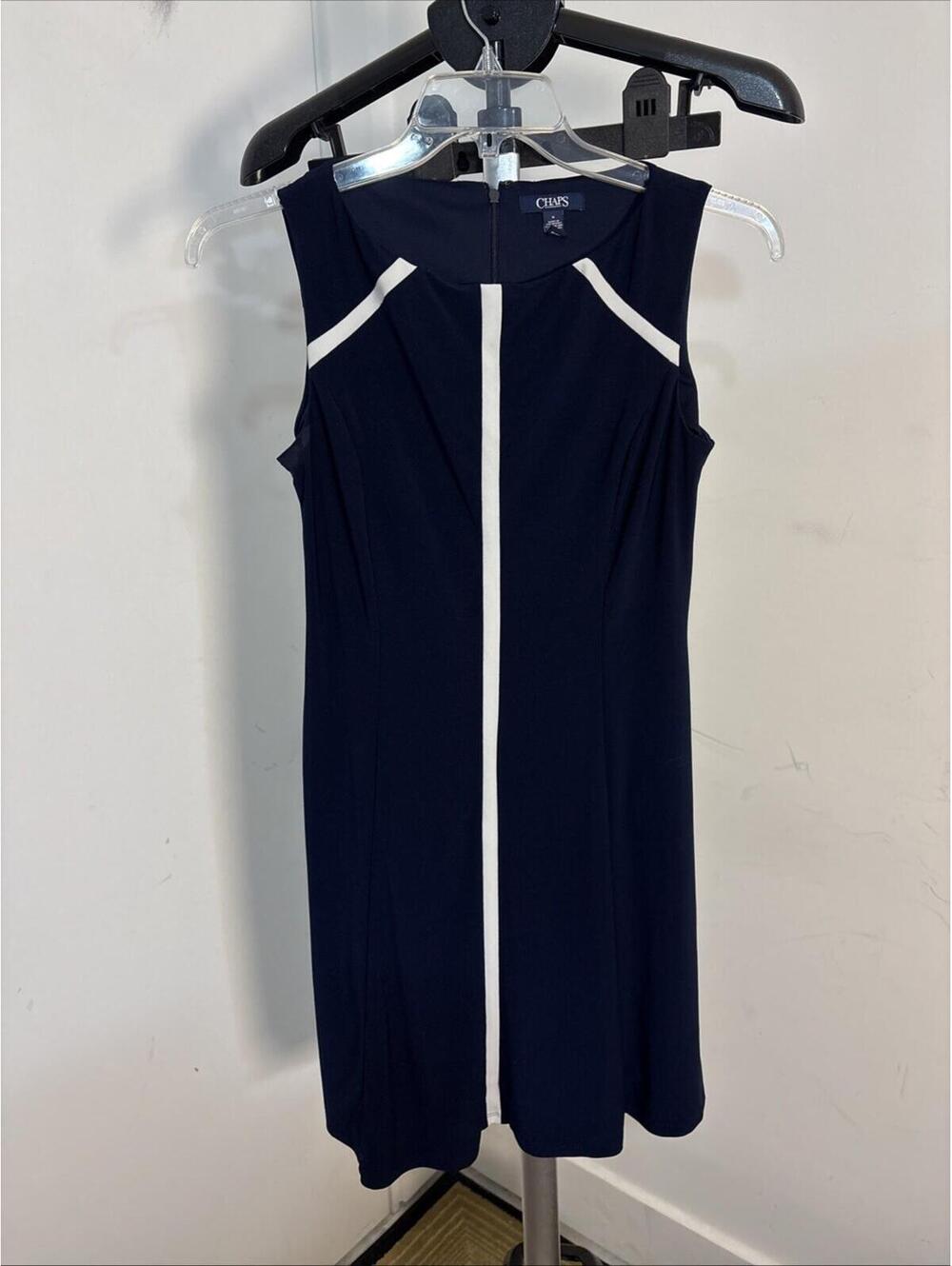 Chaps  Dress Pretty Navy Blue Dress with White Design Size Medium